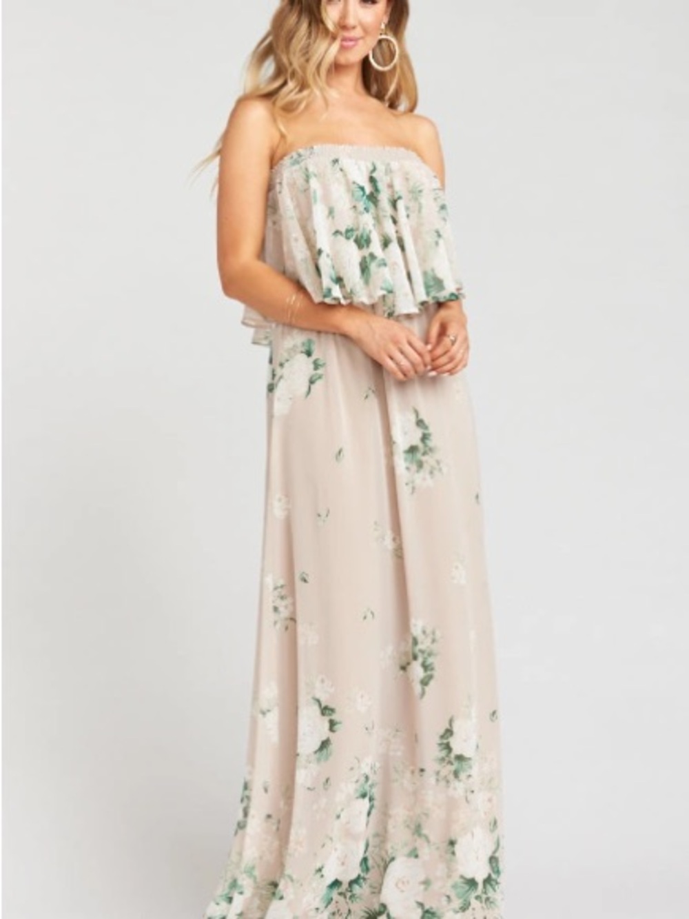 Show Me Your MuMu Blush Floral Strapless Ruffle Maxi Dress